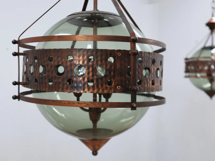 Online Pamono Brutalist Copper and Blown Glass Green Bottle Pendant Lamps, 1970s, Set of 2