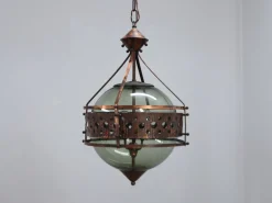 Online Pamono Brutalist Copper and Blown Glass Green Bottle Pendant Lamps, 1970s, Set of 2