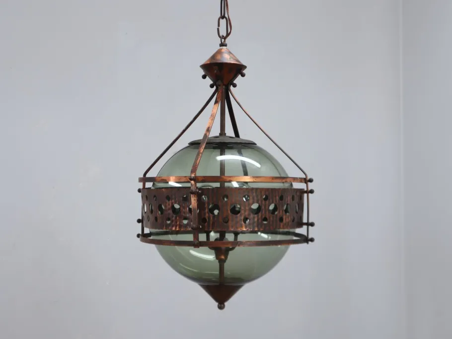 Online Pamono Brutalist Copper and Blown Glass Green Bottle Pendant Lamps, 1970s, Set of 2