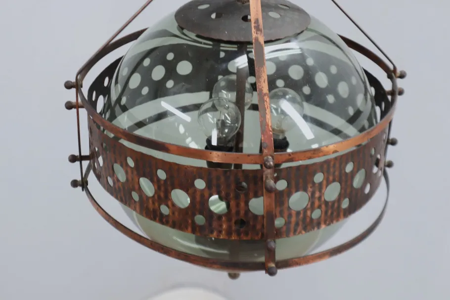 Online Pamono Brutalist Copper and Blown Glass Green Bottle Pendant Lamps, 1970s, Set of 2