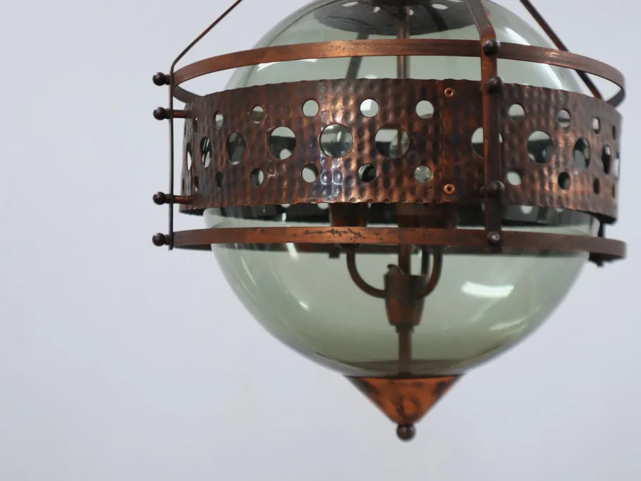 Online Pamono Brutalist Copper and Blown Glass Green Bottle Pendant Lamps, 1970s, Set of 2