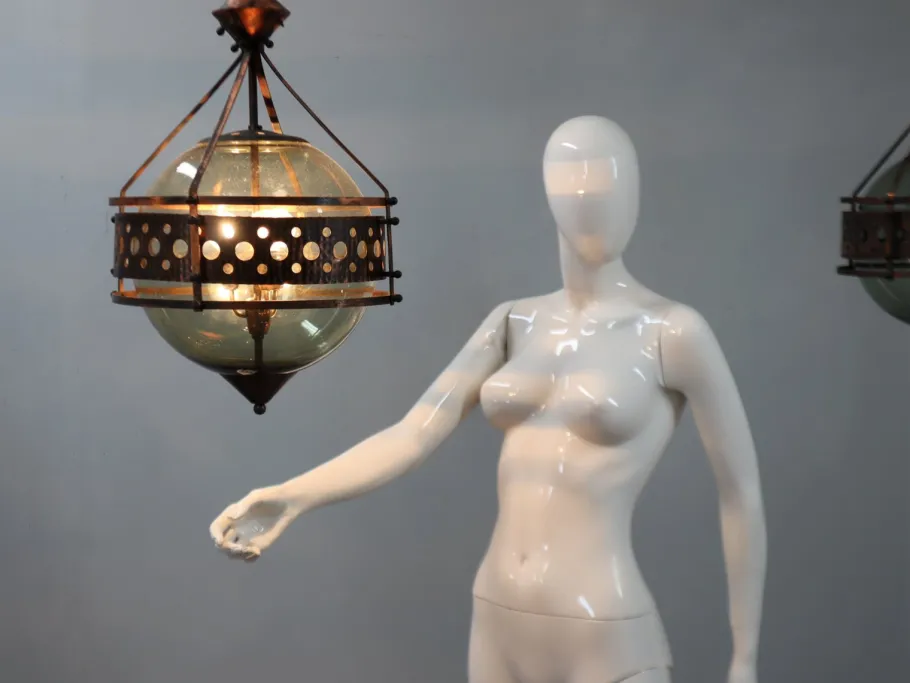 Online Pamono Brutalist Copper and Blown Glass Green Bottle Pendant Lamps, 1970s, Set of 2