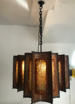 Clearance Pamono Brutalist Hanging Lantern in Copper and Cackle Glass by Accolay of France, 1969