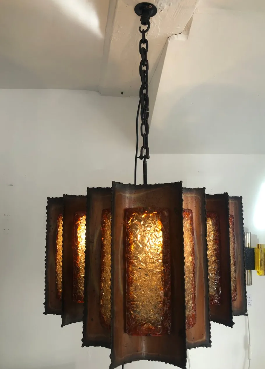 Clearance Pamono Brutalist Hanging Lantern in Copper and Cackle Glass by Accolay of France, 1969