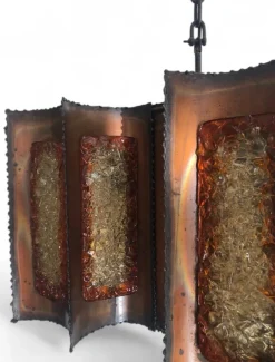 Clearance Pamono Brutalist Hanging Lantern in Copper and Cackle Glass by Accolay of France, 1969