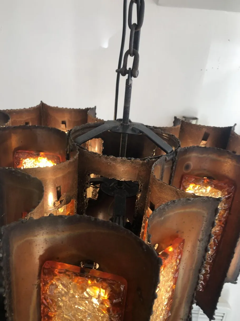 Clearance Pamono Brutalist Hanging Lantern in Copper and Cackle Glass by Accolay of France, 1969