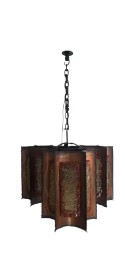 Clearance Pamono Brutalist Hanging Lantern in Copper and Cackle Glass by Accolay of France, 1969