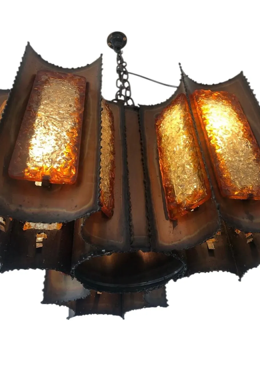 Clearance Pamono Brutalist Hanging Lantern in Copper and Cackle Glass by Accolay of France, 1969