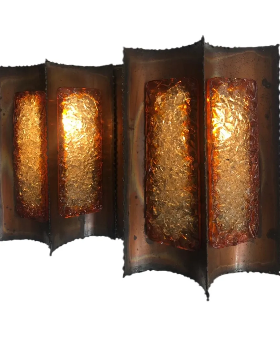 Clearance Pamono Brutalist Hanging Lantern in Copper and Cackle Glass by Accolay of France, 1969