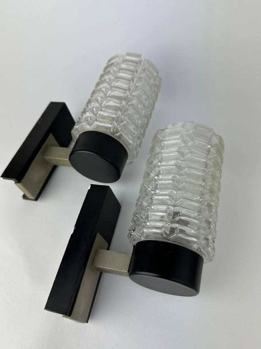 New Pamono Brutalist Ice Glass Wall Lamps, 1970s, Set of 2