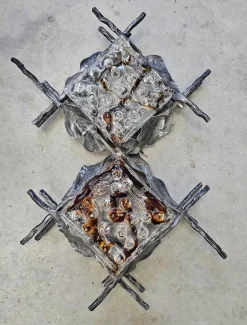 Sale Pamono Brutalist Sconces in Wrought Iron and Murano Glass attributed to Poliarte, 1970s, Set of 2