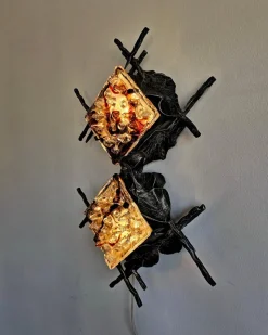 Sale Pamono Brutalist Sconces in Wrought Iron and Murano Glass attributed to Poliarte, 1970s, Set of 2