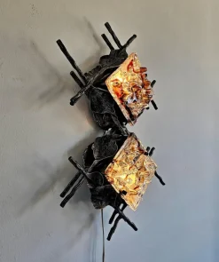 Sale Pamono Brutalist Sconces in Wrought Iron and Murano Glass attributed to Poliarte, 1970s, Set of 2