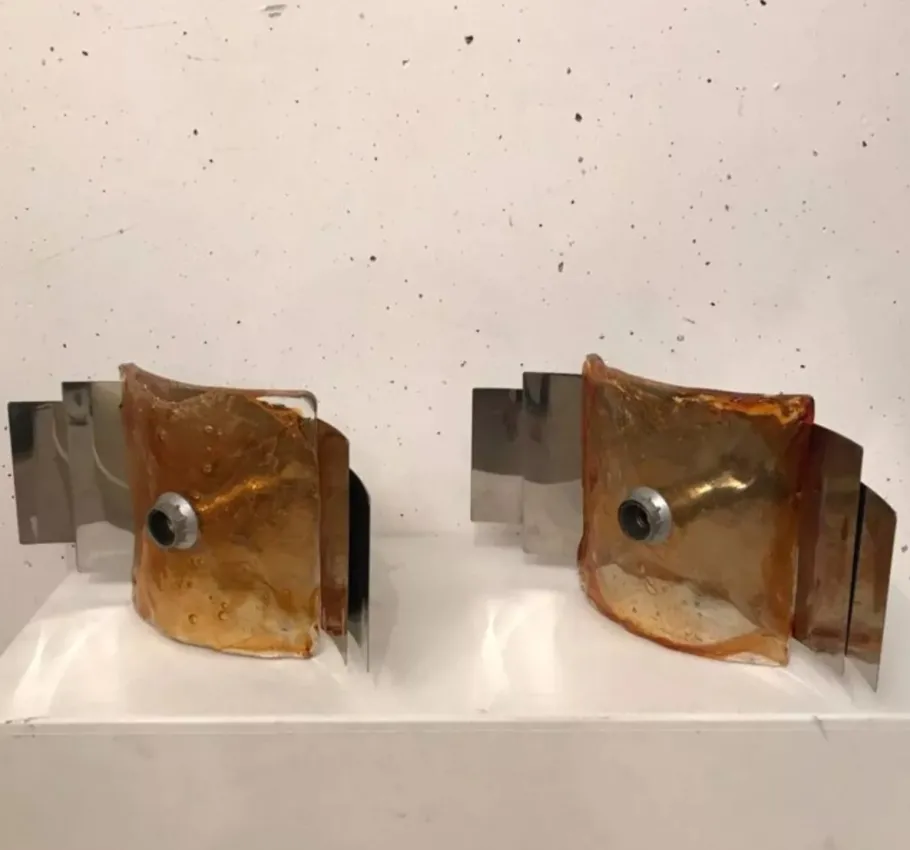 Online Pamono Brutalist Steel and Murano Glass Wall Lights from Mazzega, 1970s, Set of 3