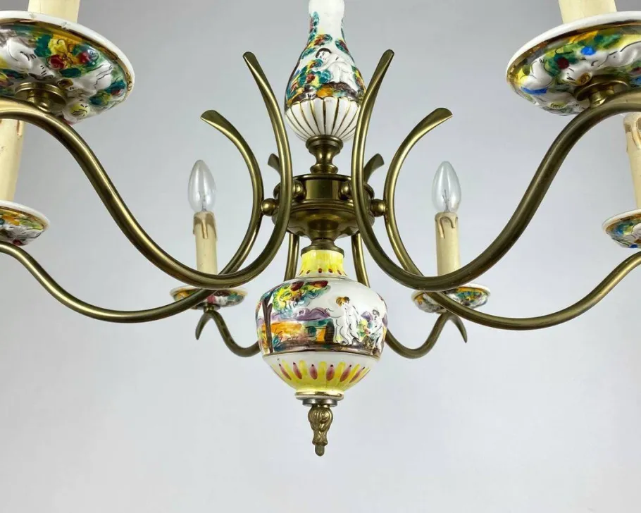 Hot Pamono Capodimonte Hand-Painted Porcelain & Brass Chandelier