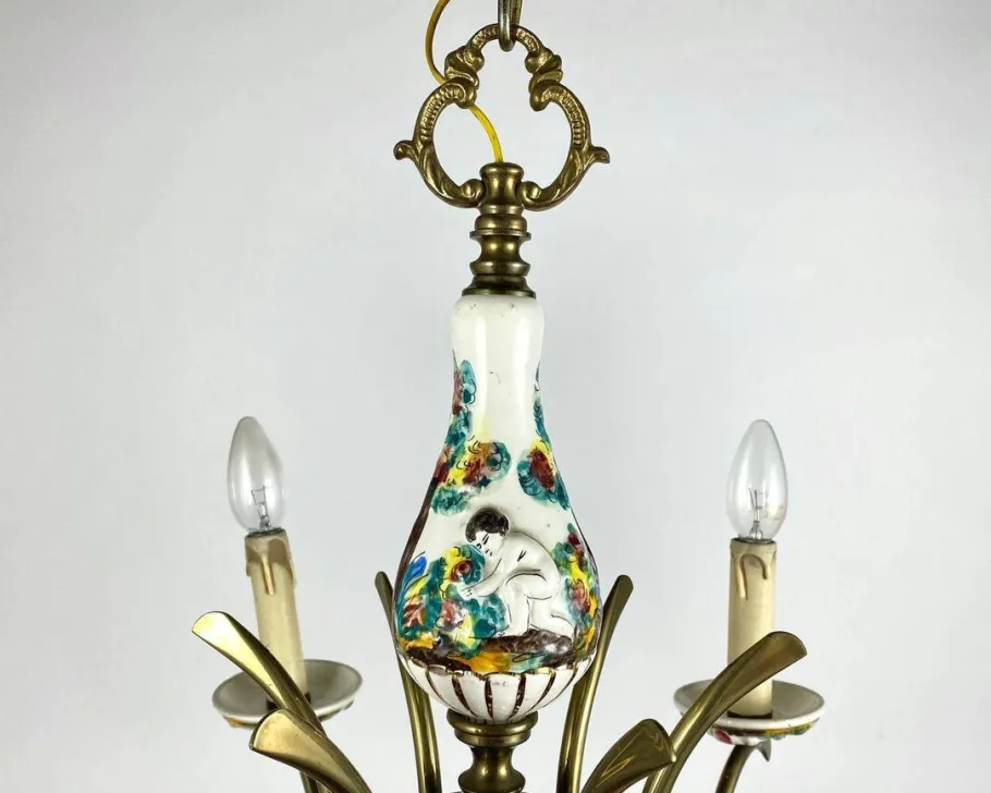 Hot Pamono Capodimonte Hand-Painted Porcelain & Brass Chandelier