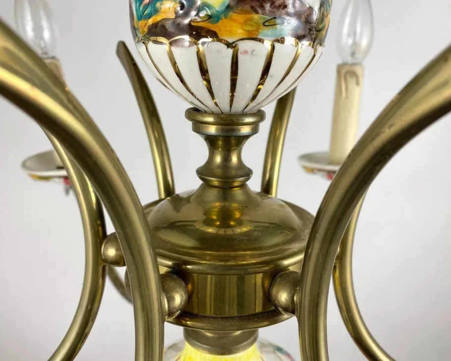 Hot Pamono Capodimonte Hand-Painted Porcelain & Brass Chandelier