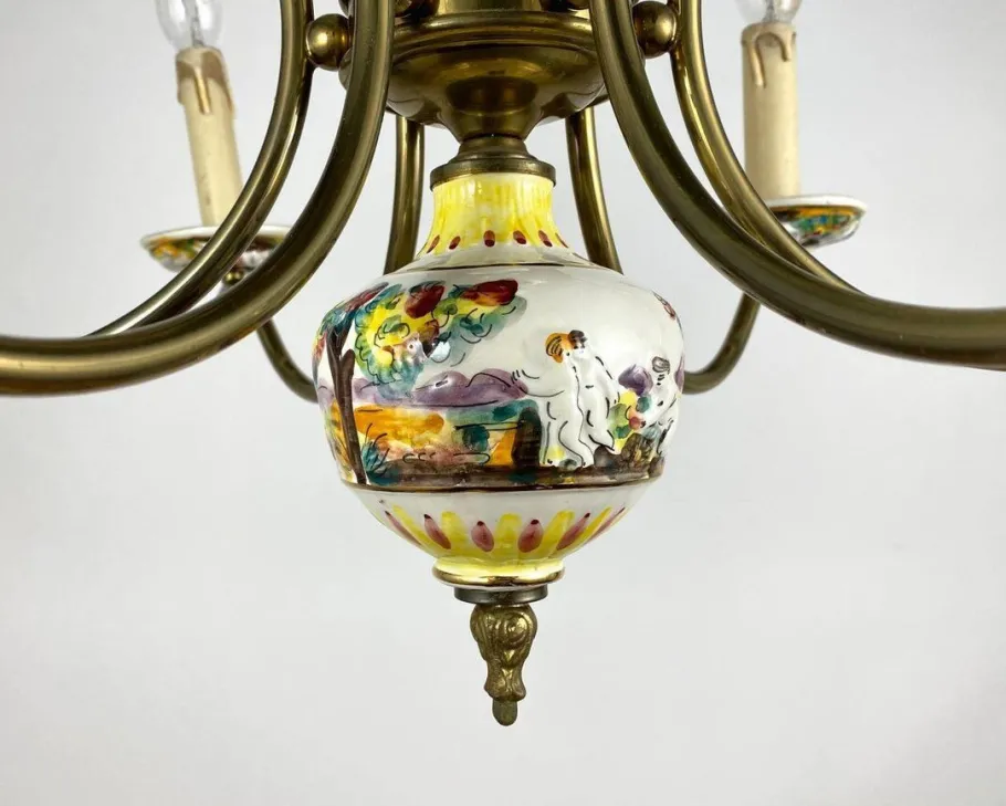 Hot Pamono Capodimonte Hand-Painted Porcelain & Brass Chandelier