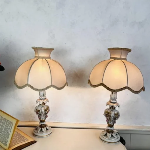 Best Pamono Capodimonte Porcelain Table Lamps with Small Pink Roses, Set of 2