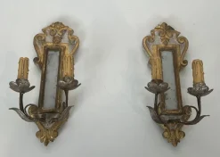 Hot Pamono Carved Wood Wall Lights in Silver and Gold Patinated Metal with a Mirror in the Center, 1920s-1940s, Set of 2