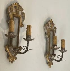 Hot Pamono Carved Wood Wall Lights in Silver and Gold Patinated Metal with a Mirror in the Center, 1920s-1940s, Set of 2