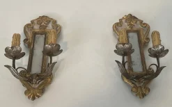Hot Pamono Carved Wood Wall Lights in Silver and Gold Patinated Metal with a Mirror in the Center, 1920s-1940s, Set of 2