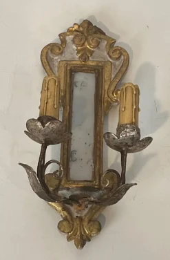 Hot Pamono Carved Wood Wall Lights in Silver and Gold Patinated Metal with a Mirror in the Center, 1920s-1940s, Set of 2