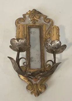 Hot Pamono Carved Wood Wall Lights in Silver and Gold Patinated Metal with a Mirror in the Center, 1920s-1940s, Set of 2