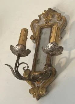 Hot Pamono Carved Wood Wall Lights in Silver and Gold Patinated Metal with a Mirror in the Center, 1920s-1940s, Set of 2