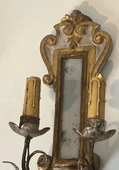 Hot Pamono Carved Wood Wall Lights in Silver and Gold Patinated Metal with a Mirror in the Center, 1920s-1940s, Set of 2