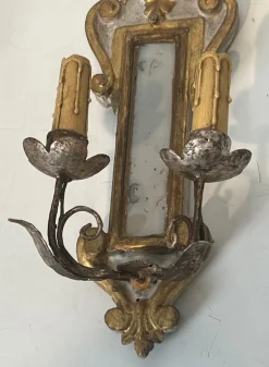 Hot Pamono Carved Wood Wall Lights in Silver and Gold Patinated Metal with a Mirror in the Center, 1920s-1940s, Set of 2