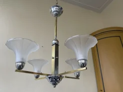 Hot Pamono Ceiling Lamp with Tulip-Shaped Frosted Glass Bowls, 1930s