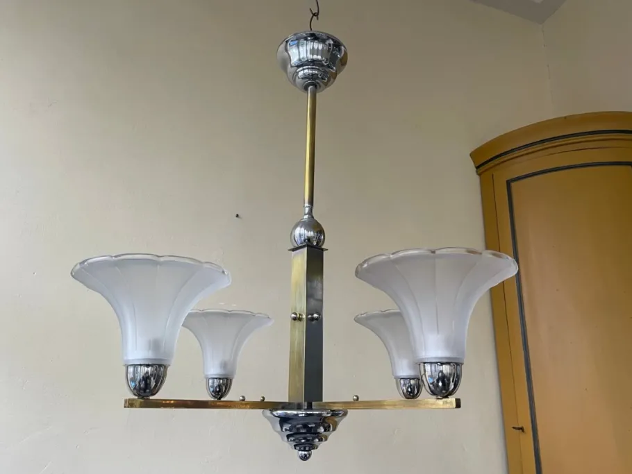 Hot Pamono Ceiling Lamp with Tulip-Shaped Frosted Glass Bowls, 1930s