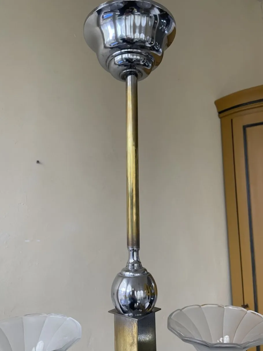 Hot Pamono Ceiling Lamp with Tulip-Shaped Frosted Glass Bowls, 1930s