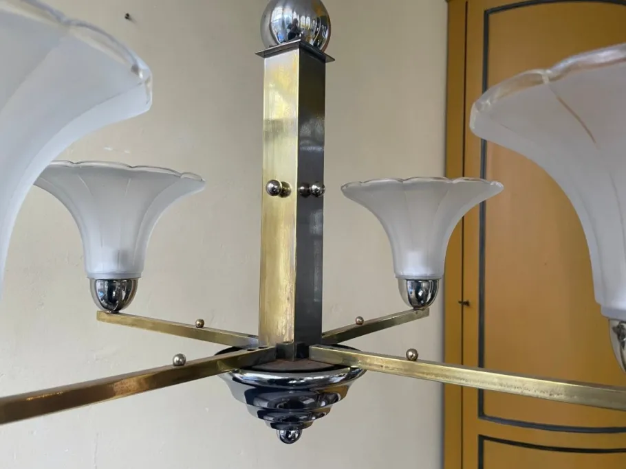 Hot Pamono Ceiling Lamp with Tulip-Shaped Frosted Glass Bowls, 1930s