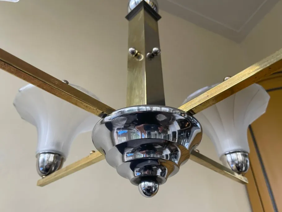 Hot Pamono Ceiling Lamp with Tulip-Shaped Frosted Glass Bowls, 1930s