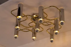 Clearance Pamono Ceiling Light in Brass and Chrome by Gaetano Sciolari for Leola, 1960s