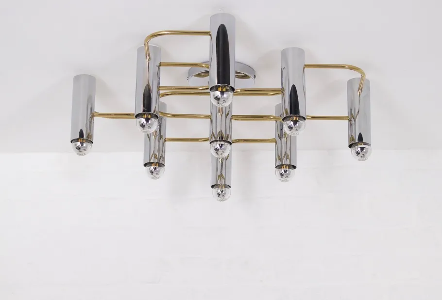 Clearance Pamono Ceiling Light in Brass and Chrome by Gaetano Sciolari for Leola, 1960s