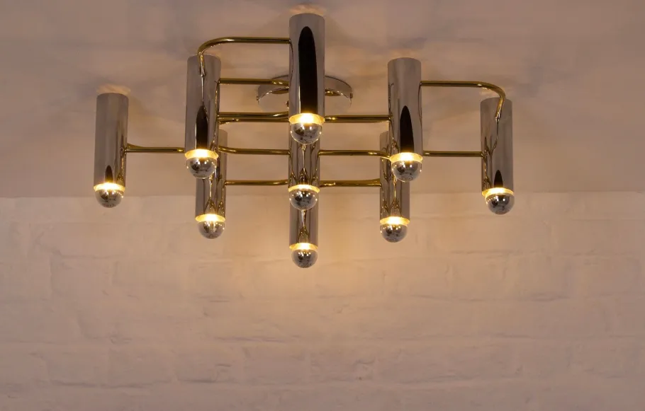 Clearance Pamono Ceiling Light in Brass and Chrome by Gaetano Sciolari for Leola, 1960s