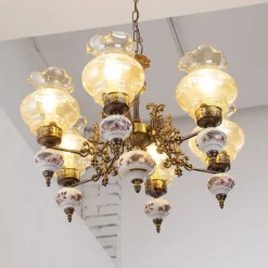 Discount Pamono Ceramic & Blown Murano Glass 6 Light Chandelier with Floral Decoration, Italy, 1950s