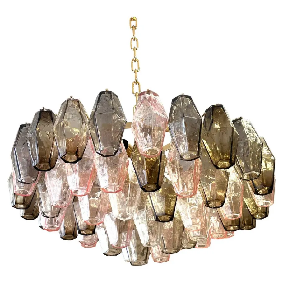 New Pamono Chandelier with Pink and Fume Poliedri Murano Glass by Simoeng