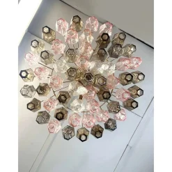 New Pamono Chandelier with Pink and Fume Poliedri Murano Glass by Simoeng