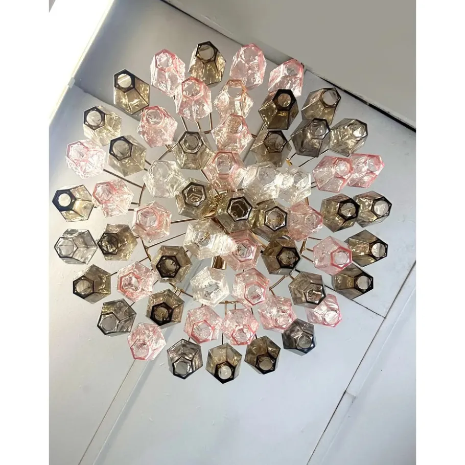 New Pamono Chandelier with Pink and Fume Poliedri Murano Glass by Simoeng