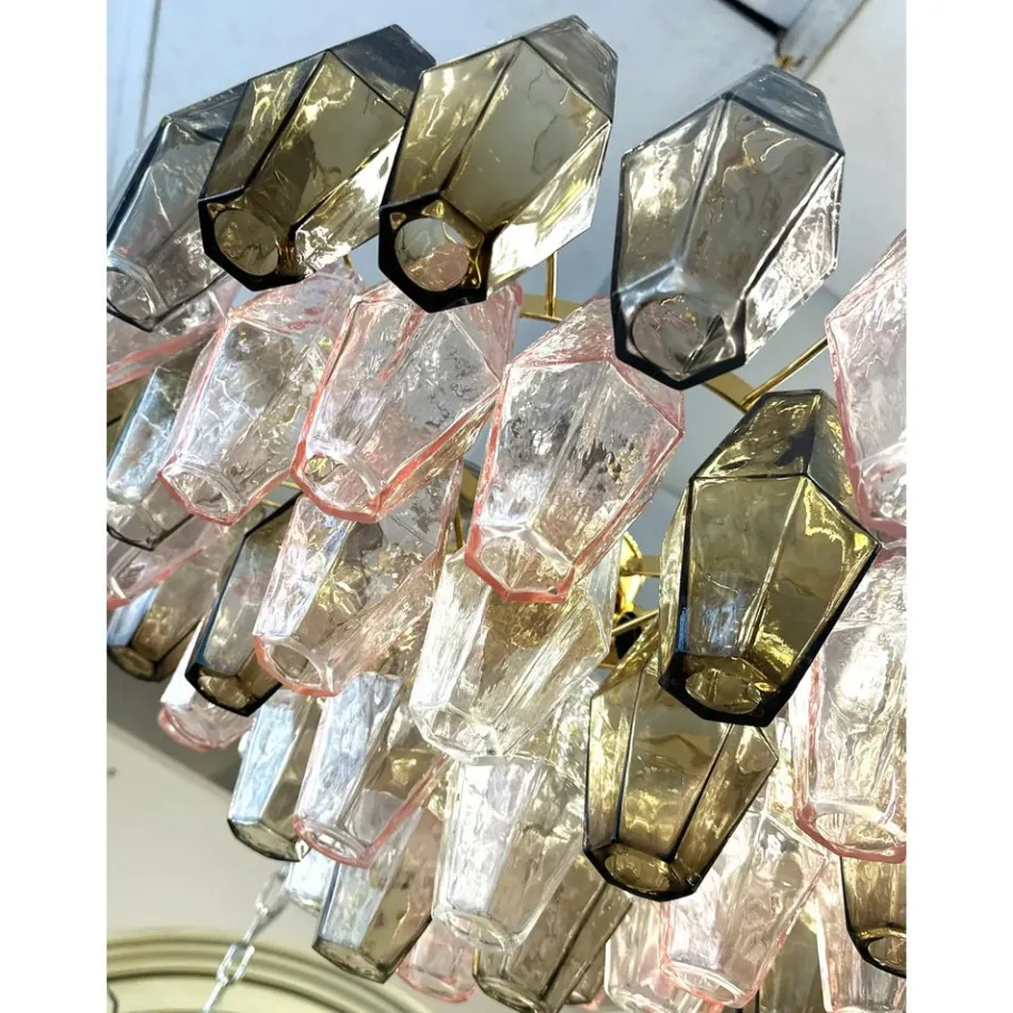 New Pamono Chandelier with Pink and Fume Poliedri Murano Glass by Simoeng
