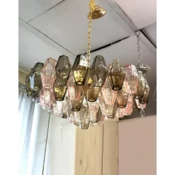 New Pamono Chandelier with Pink and Fume Poliedri Murano Glass by Simoeng