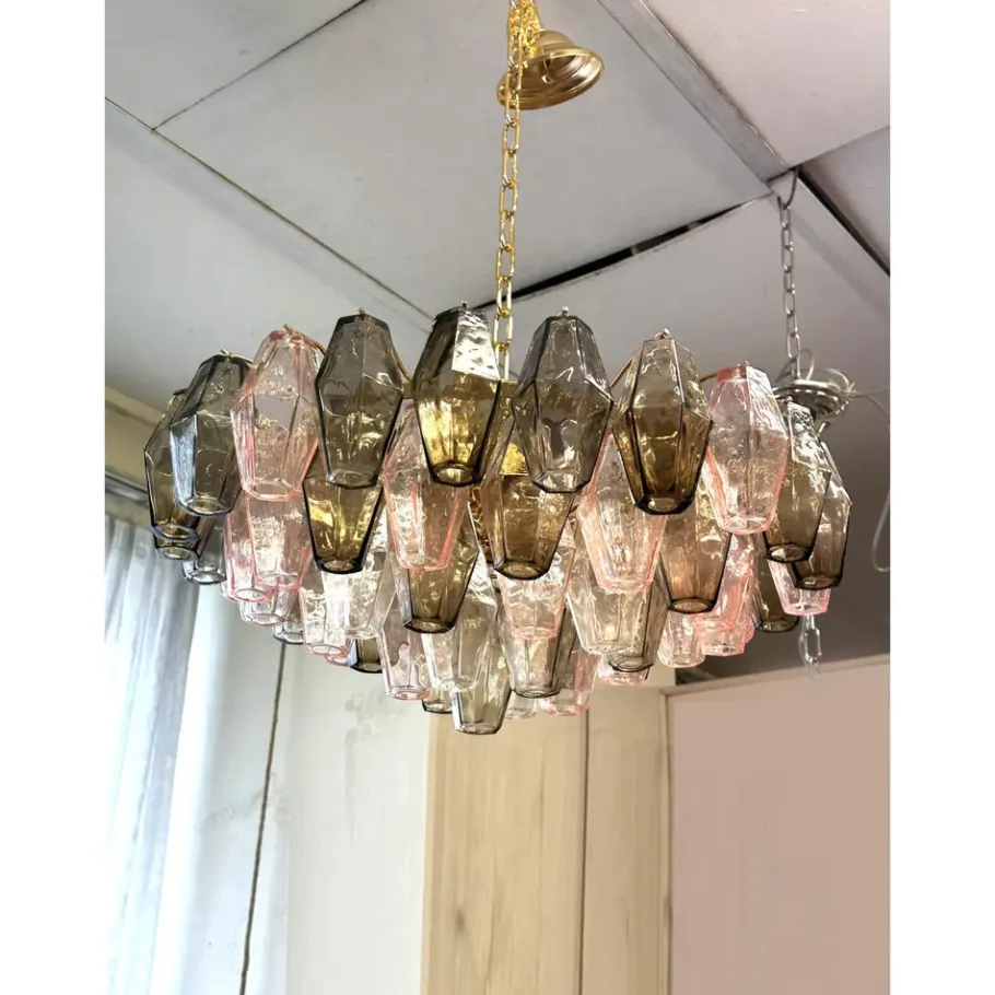 New Pamono Chandelier with Pink and Fume Poliedri Murano Glass by Simoeng