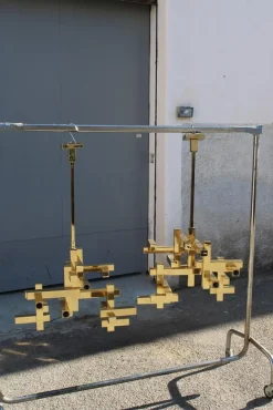 Discount Pamono Chandeliers in Solid Brass Gaetano Prehose Minimal and Rational Design from Sciolari, 1970s, Set of 2