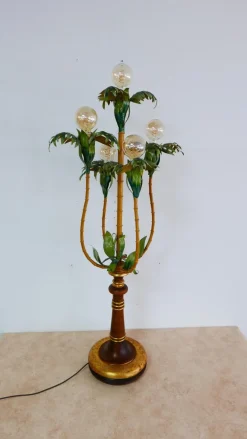 Clearance Pamono Colored Metal Palm Tree Floor Lamp with Wooden Stand, Italy, 1970s