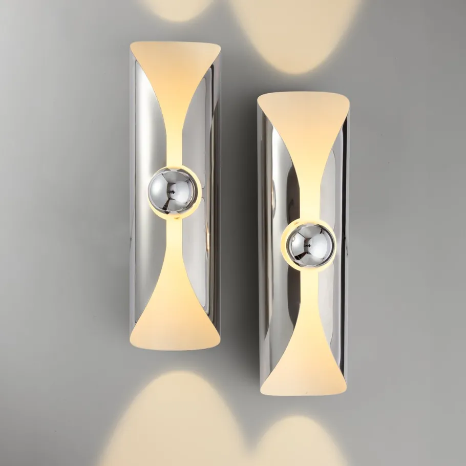 New Pamono Cylindrical Chrome Wall Lamp attributed to Staff Leuchten, Germany, 1970s, Set of 2