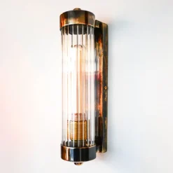 Sale Pamono Cylindrical Wall Light with Streaked Glass and Patinated Brass Finish, 1970s